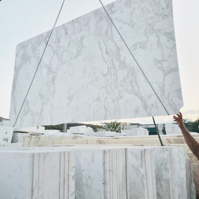 Arabescato White marble with strokes slabs bookmatch openbook